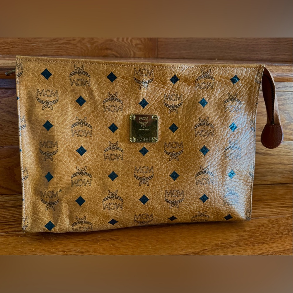 MCM Zipper Pouch Bag Visetos Original Cognac